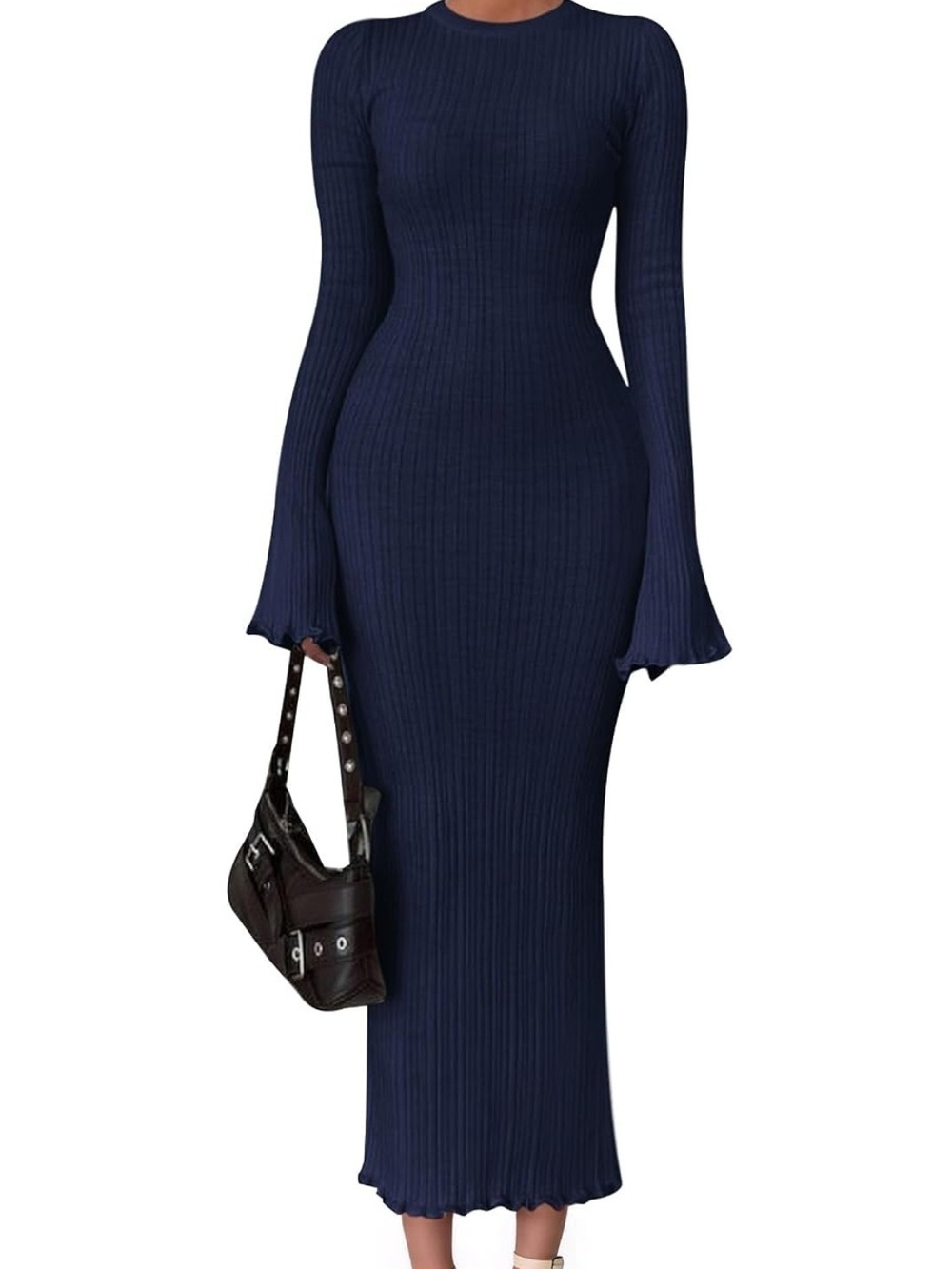 Slim Ribbed Navy Maxi Dress with Flared Cuffs